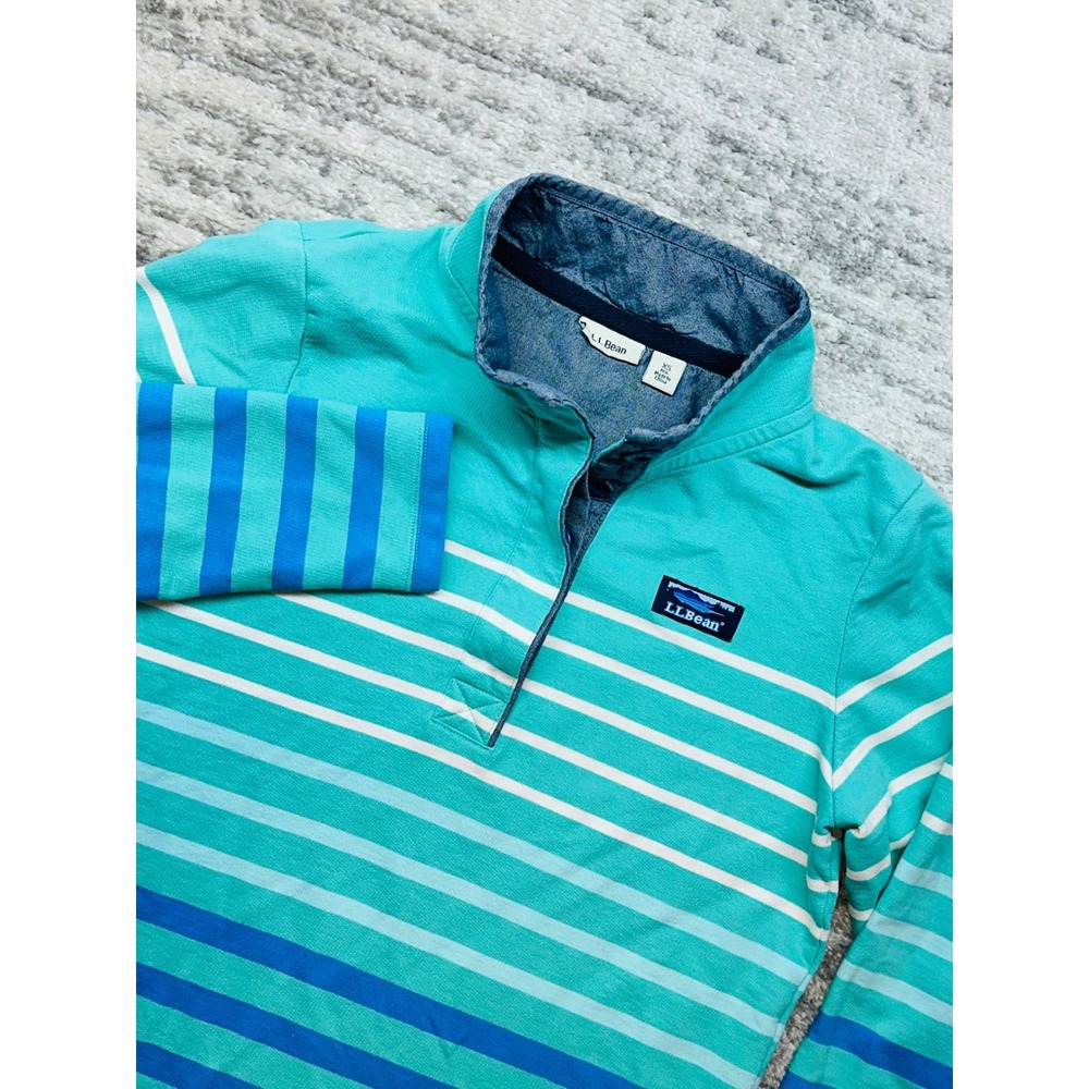 LL Bean Pullover Women XS Teal Striped Cotton Mock Neck Button 501241